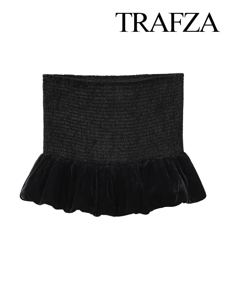 TRAFZA Women's New Fashion Sexy Fluffy Velvet Textured Slim Skirt Female Black Honeycomb Pattern Stretch Mid-Waist Pleated Skirt