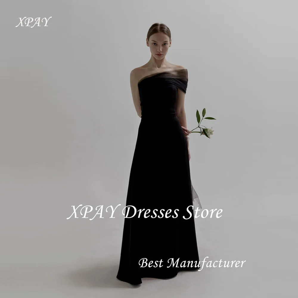 

XPAY Simple Black Evening Dresses With Bolero Tulle One Shoulder A Line Elastic Satin Formal Party Dress Wedding Gowns Customize