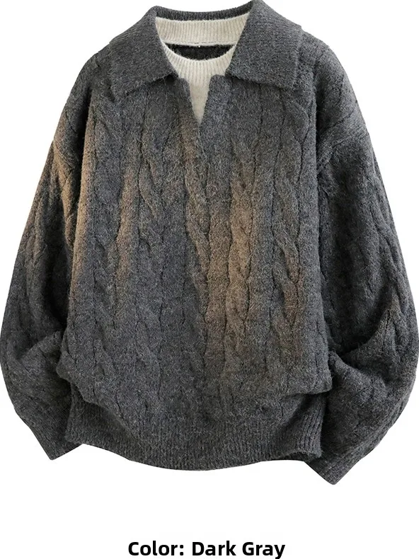 

American Retro Striped V-Ne Sweater Men's Loose Casual Knitted Loose Fit Autumn Winter Fake Two-Piece Design Sense