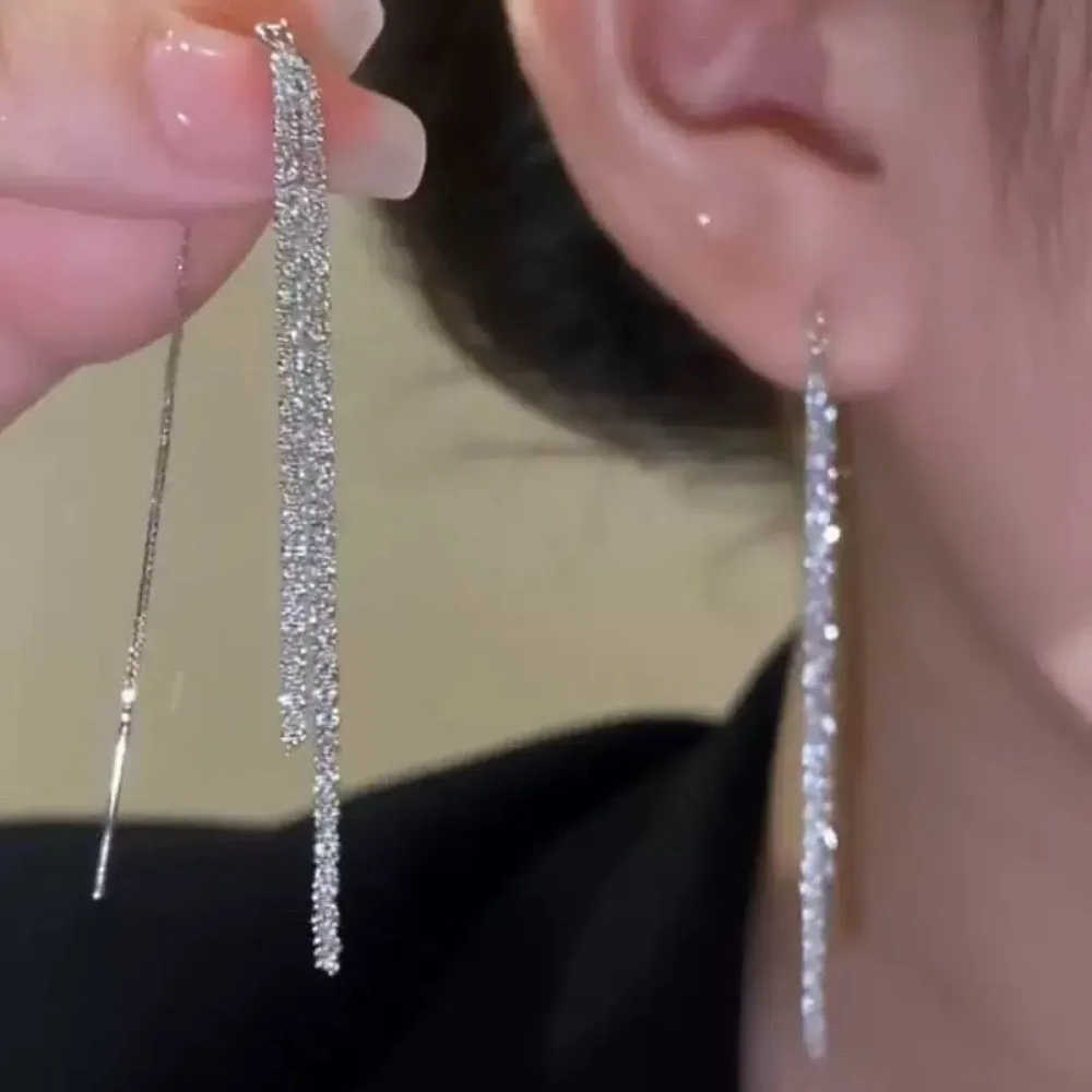 Classic Fashion Long Tassels Shiny Silver Color Drop Dangle Earrings for Women Luxury Wedding Bride Korea Earring Jewelry Gifts