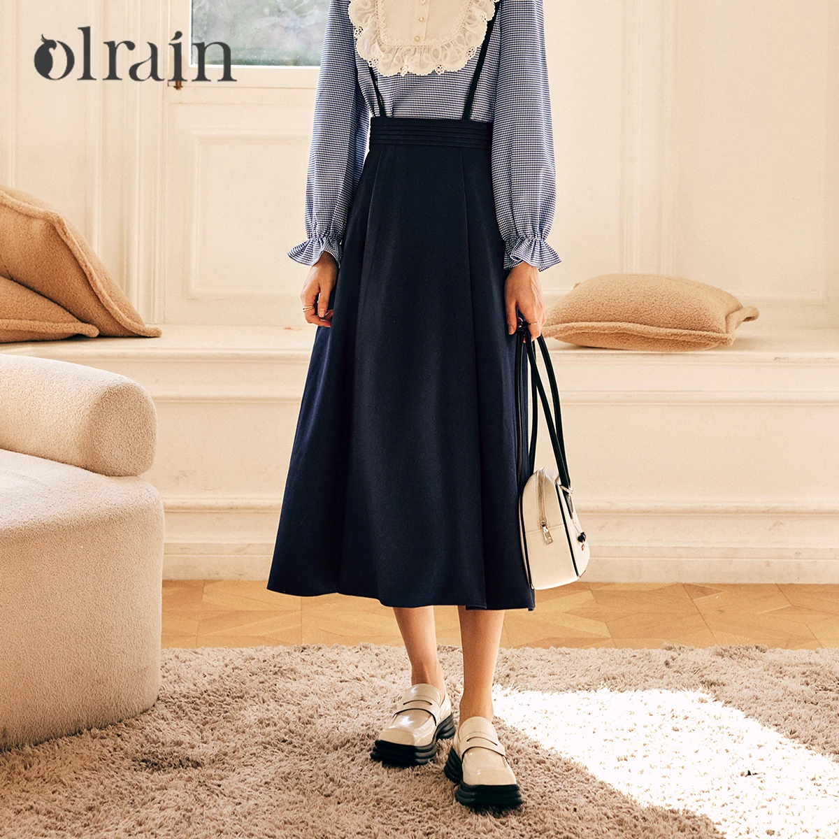 OLrain Women's French Navy Blue Suspender Skirt 2026 Autumn New High-waisted A-shaped Umbrella Skirt O23CB68122