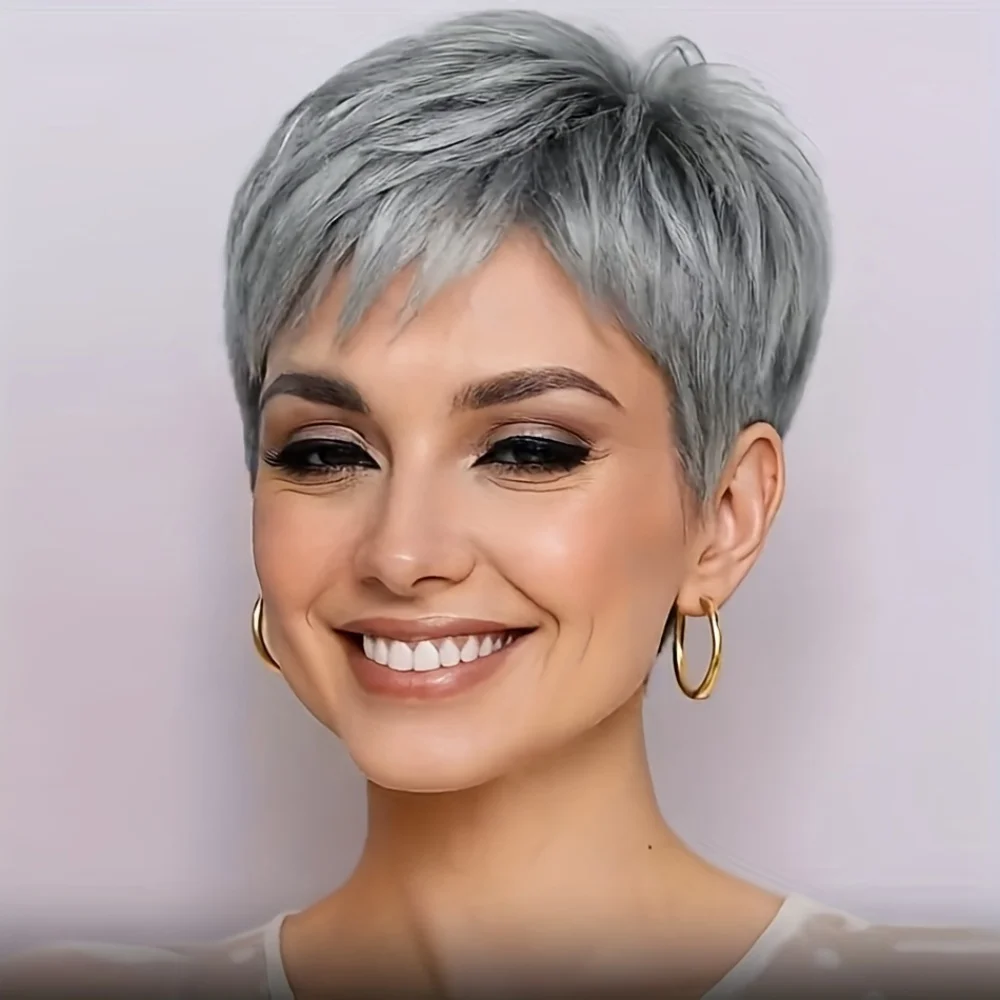 Pixie cut Human Hair Wig Natural Grey Pixie Cut with Straight Layered Hair Natural Look Short Hair Wig Full Machine-Made Wig ﻿