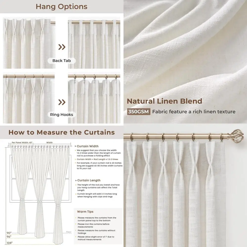 

Linen Pinch Pleat Curtains, 2-Panel Set, 40W x 108L, Light Filtering, Beige White for Living Room