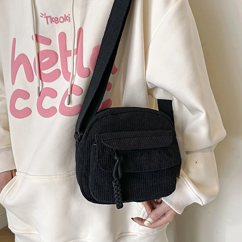 Modische Damen-Cord-Umhängetasche mit mehreren Reißverschlüssen für den täglichen Street-Style-Reiseoutfit – Detail 5