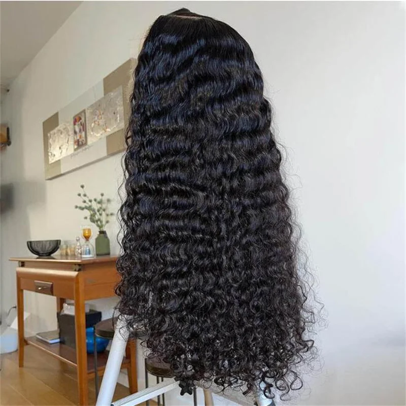 Peruca dianteira do laço encaracolado perverso pre-arrancado para mulheres negras, fibra macia, glueless, cabelo do bebê, longo, cor preta, 26 ", densidade de 180%