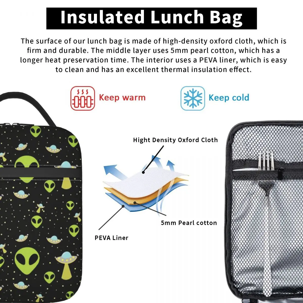 Green Alien Spaceship Pattern Insulated Lunch Bag for Women Children Leakproof Food Boxes Thermal Lunch Box Tote