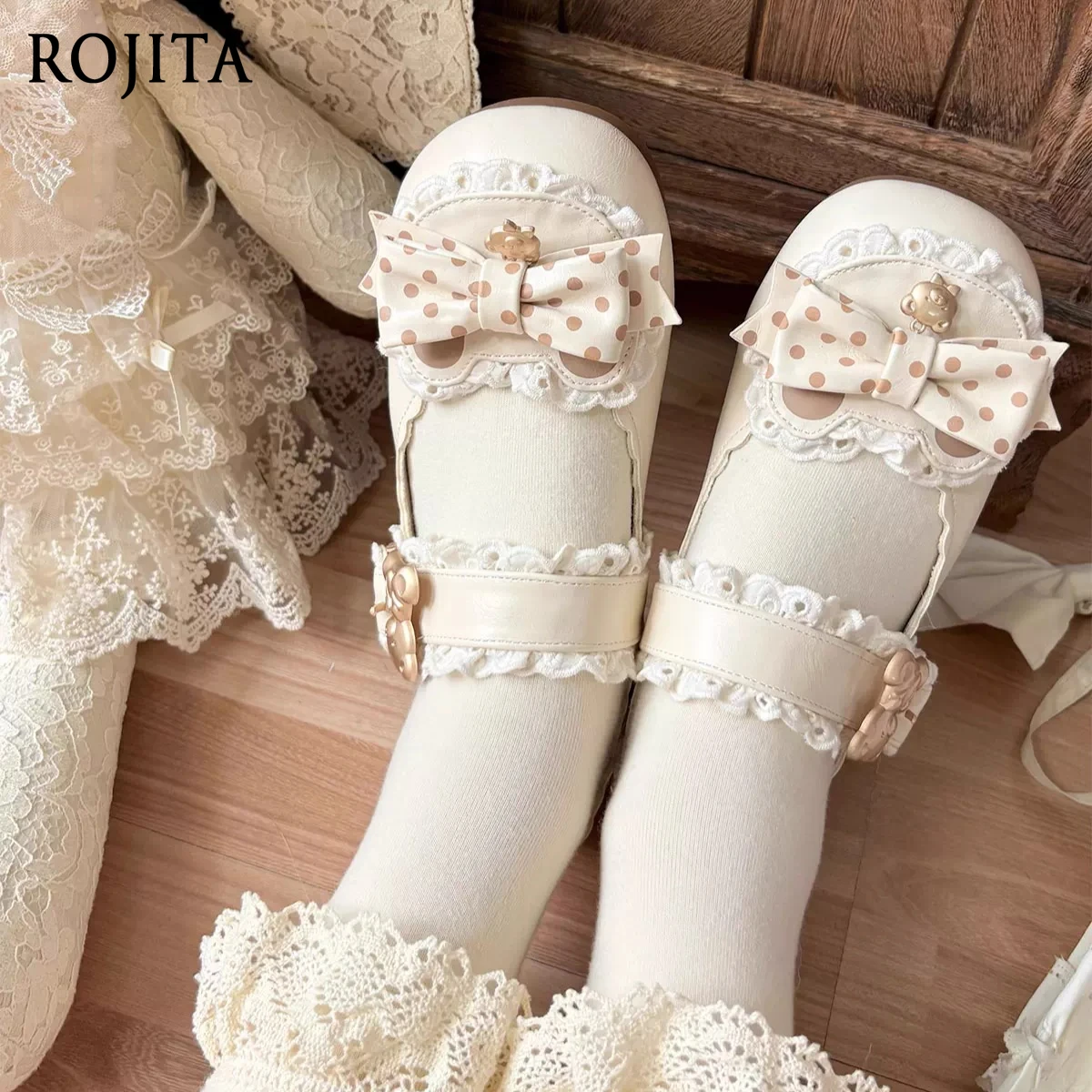 

Polka Dot Bowknot Versatile Cute Soft Sole Flat Shoes Lolita Shoes Ruffled Lace Round Toe Kawaii Shoes