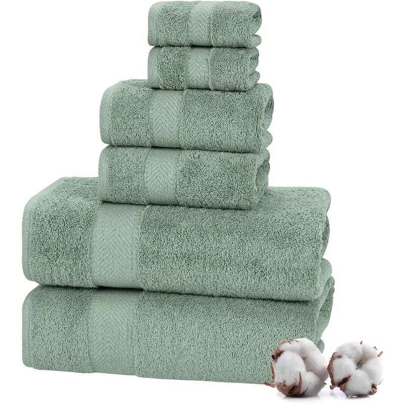 

Turkish Cotton 6 Pcs Soft & Absorbent Bathroom Towels Set (2 Bath, 2 Hand Towels, 2 Washcloths)- Green