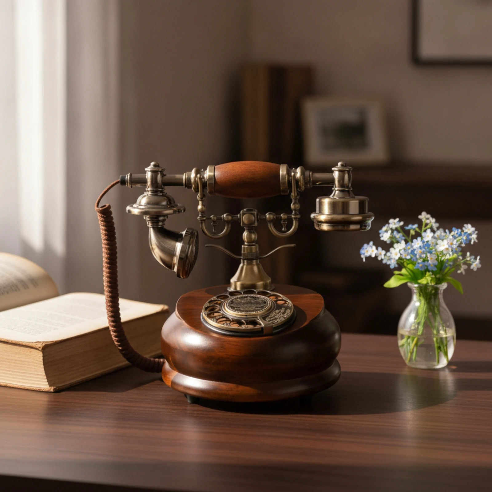 Rotary Dial Telephone Wood-Look Antique Style Telephone Antique Style Phone Decorative Nostalgic for Decorators, Desk, Study