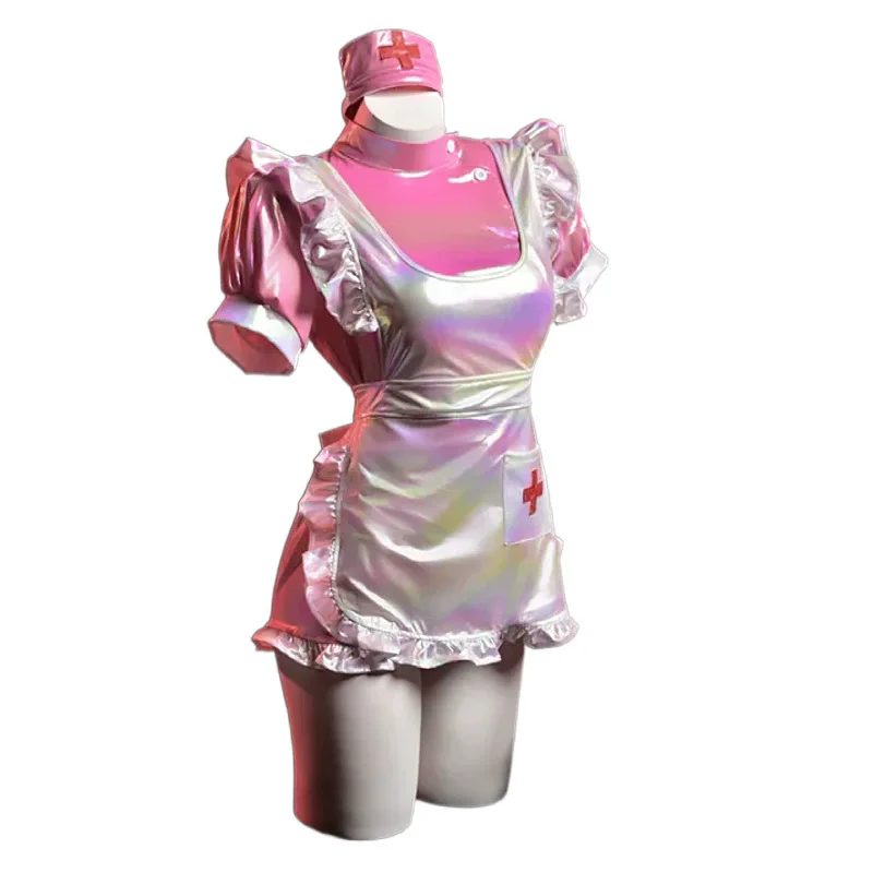 

Lolita Pink Nurse Patent Leather Maid Dress Short Sleeve With Ruffled Apron Women Halloween Role-playing Cosplay Uniform