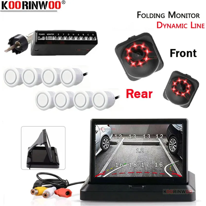 Koorinwoo Dynamic Trajectory Rearview Parktronic 8 Car Parking Sensor Probes 4 Front Camera Form Car Monitor Foldable 22mm Black