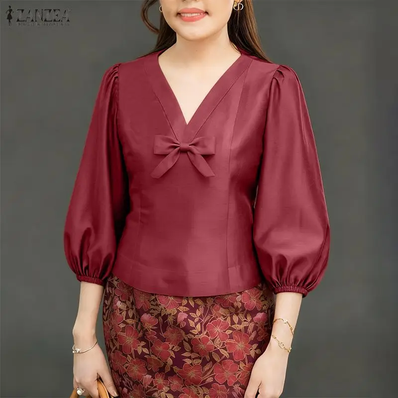 

ZANZEA Elegant Satin Silk Blouses Woman V-Neck 3/4 Lantern Sleeves Short Tops Vintage Bow Detail Princess Seam Blusas de Mujer