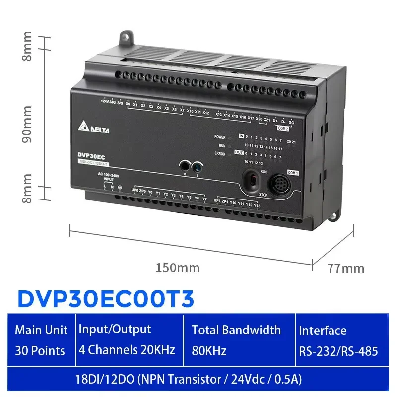 Fast Shipping DVP30EC00T3 PLC 18DI 12DO NPN Transistor Output 30 Points New Programmable Logic Controller