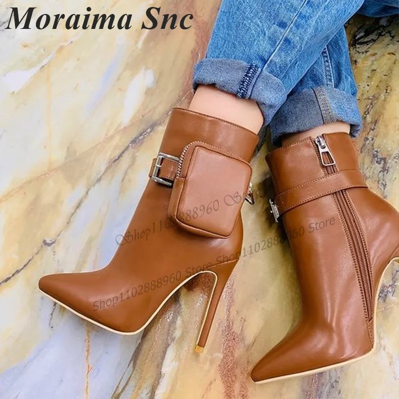 

Brown Matte Leather Bag Decor Ankle Boots Stilettos High Heel Shoes For Women Side Zipper Pointed Toe 2023 Zapatos Para Mujere