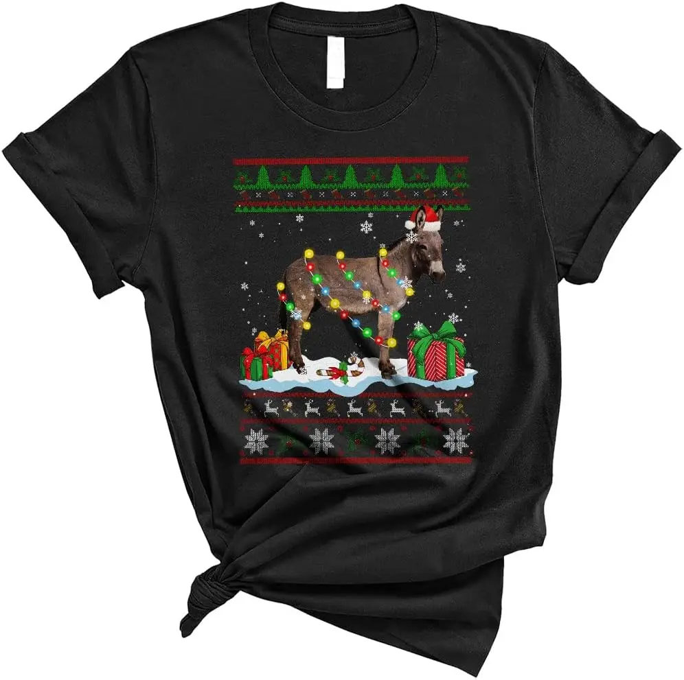 Santa Donkey Wearing Xmas Lights Funny Christmas Sweater Donkey Animal Farmer Lover Gifts Unisex T-Shirt