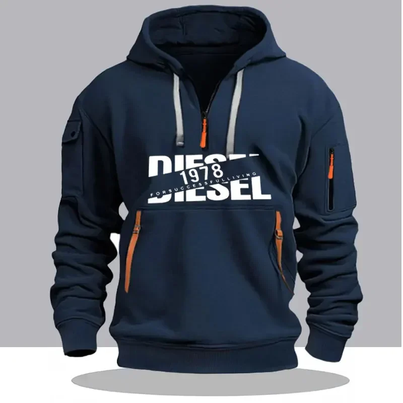 Men Casual Hooded Collar Drawstring Hoodies Sweatshirts Long Sleeve Shirts Outdoor Streetwear Lightweight Zipper Design Pullover