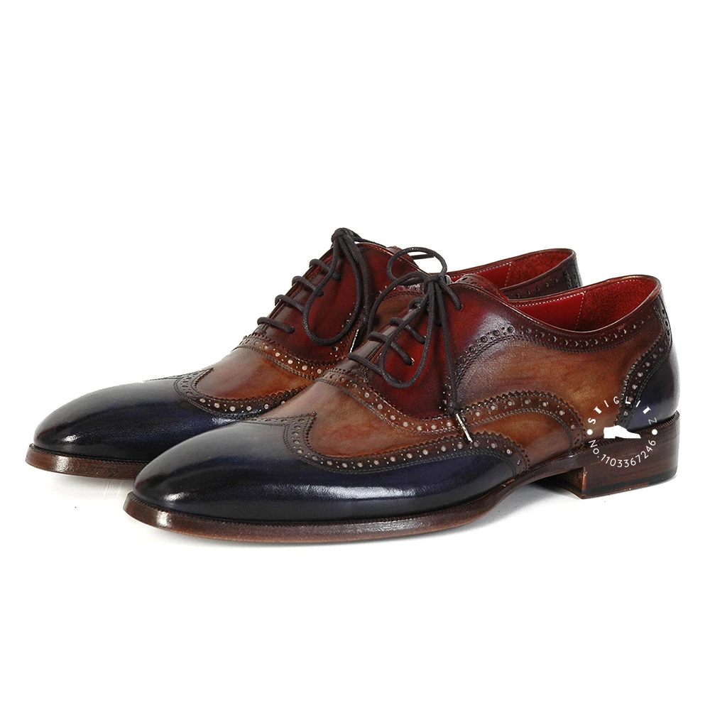 Zapatos Oxford pintados a mano de estilo Retro para hombres, Brogues de punta de alas de tres tonos, zapatos de cuero genuino con cordones, zapatos de negocios casuales elegantes