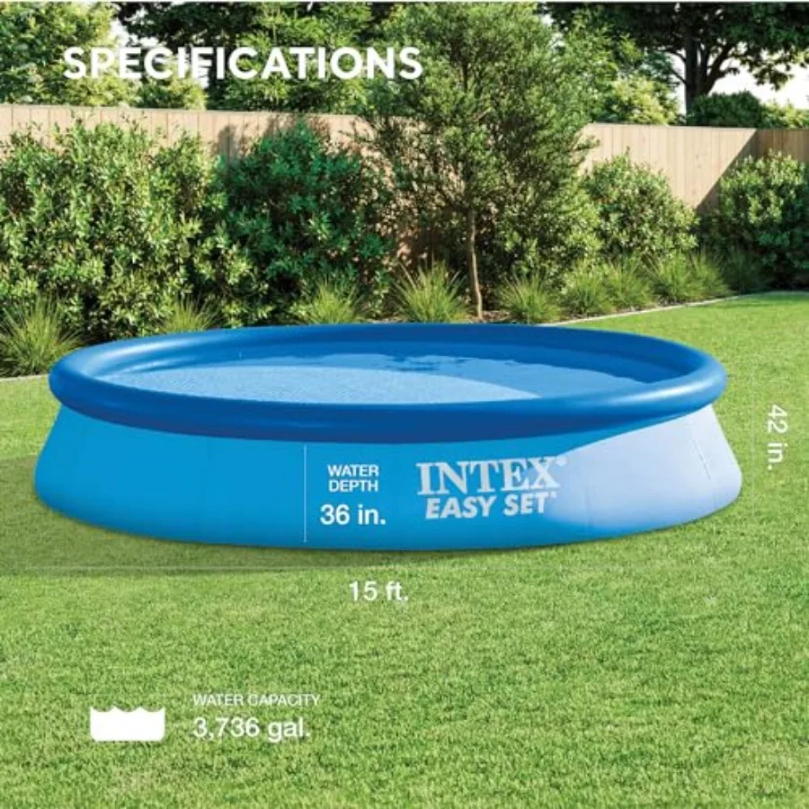 Outdoor above ground swimming pool set: inflatable round pool, PVC material, blue color, easy setup and portable design