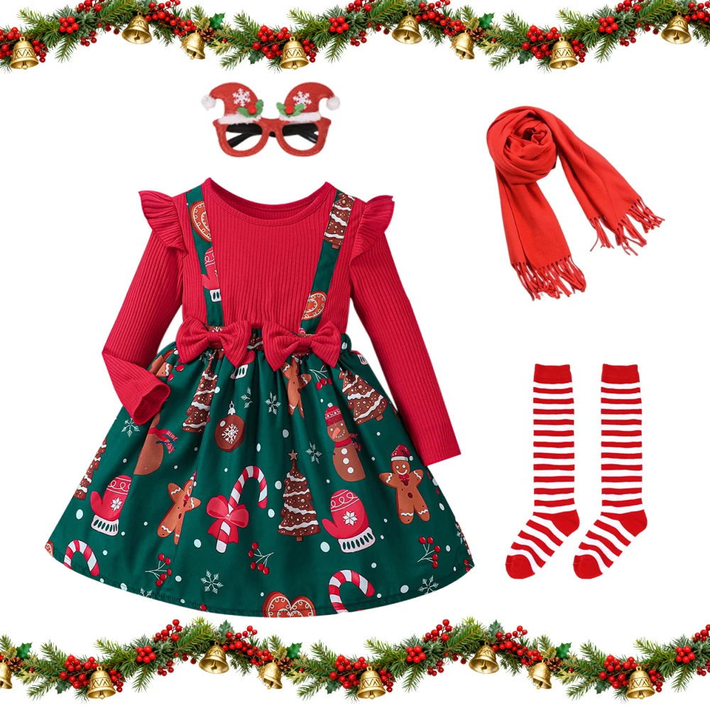 

New Year and Christmas Korean Style Girls Cartoon Print Dress Winter Long Sleeve Princess Dress Christmas Carnival Party Dress