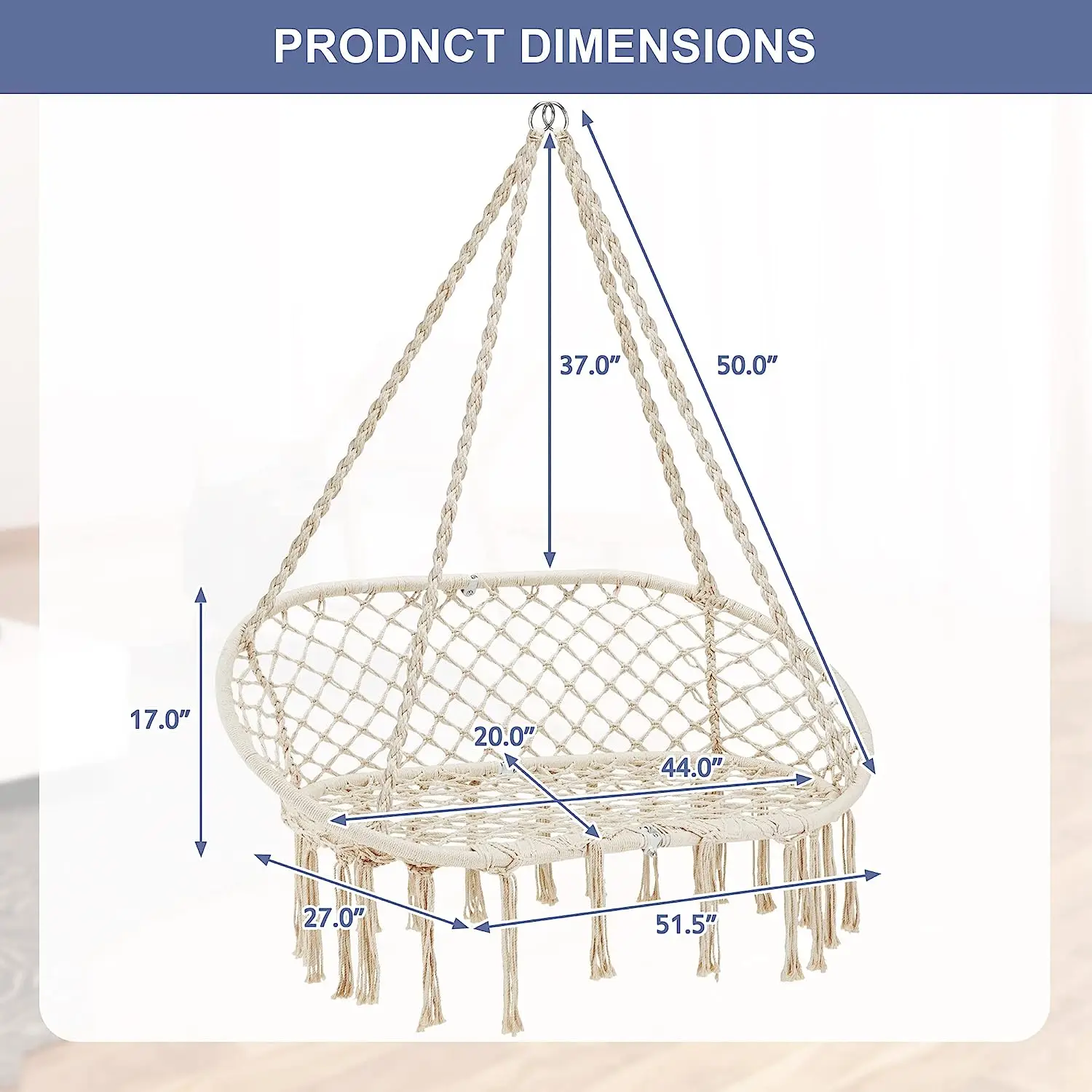 Double Hammock Chair Macrame Hanging Swing Chair Hanging Cotton Ropes, Metal Frame, 450 lbs Capacity Indoor Outdoor,Patio