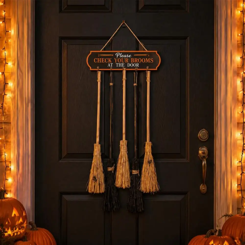 Wooden Witch Broom Decor Entryway Party Display Sign Halloween Broom Parking Sign with Hooks Wooden Wall Hanging for Indoor