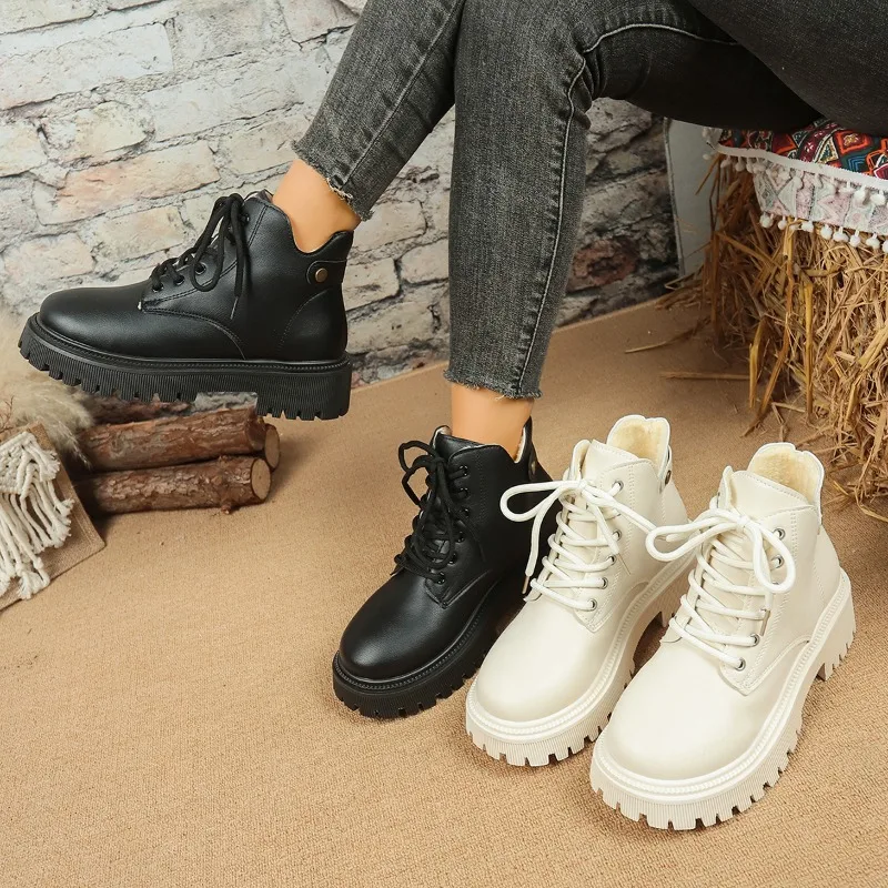 

Mid Heels Ankle Boots for Women's Winter 2025 Lace Up Motorcycle Woman Plus Size Short Shoes Thick Warm Long Plush Women Boots