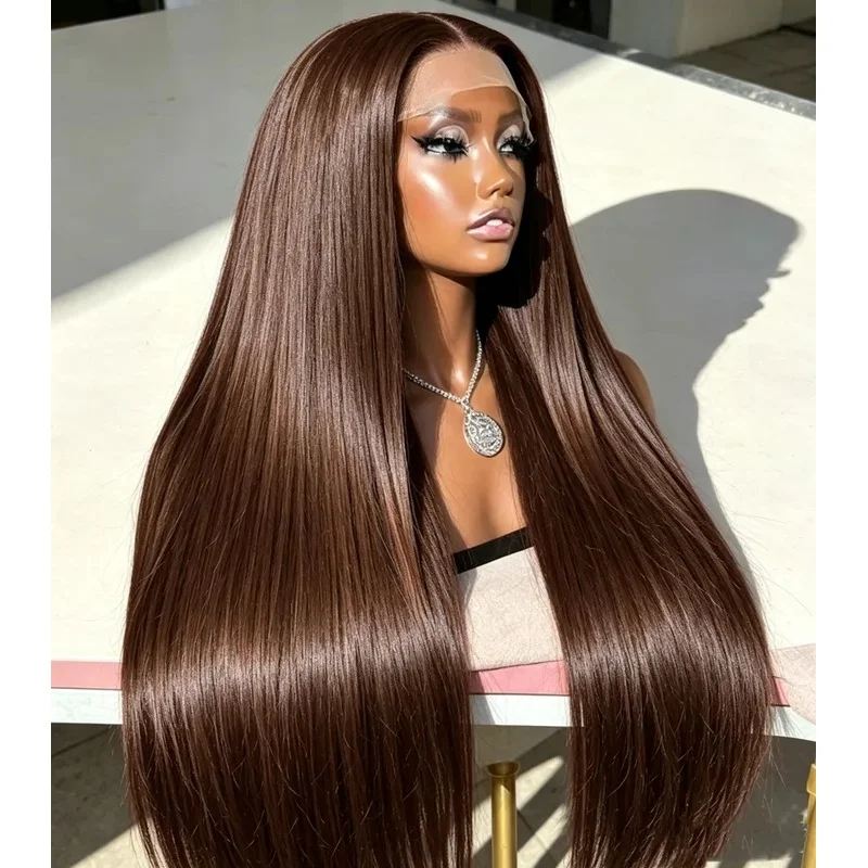 32 Inch Chocolate Brown HD Lace Front Wig 13x4 200% Density Straight Brazilian Human Hair with Pre-Plucked Baby Hair Full Edges for Natural Looking