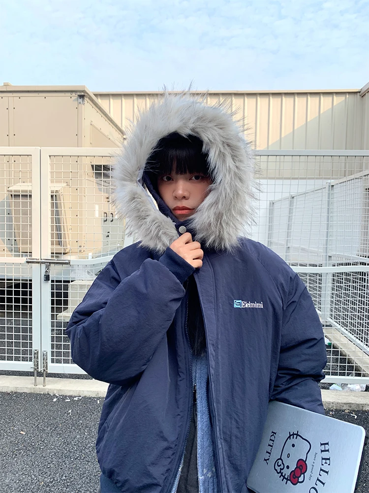 

Korean Style Thickened Warm Cotton Parka Coat with Fur Collar Loose Fit Hooded Top for Young Women Sweet College Style