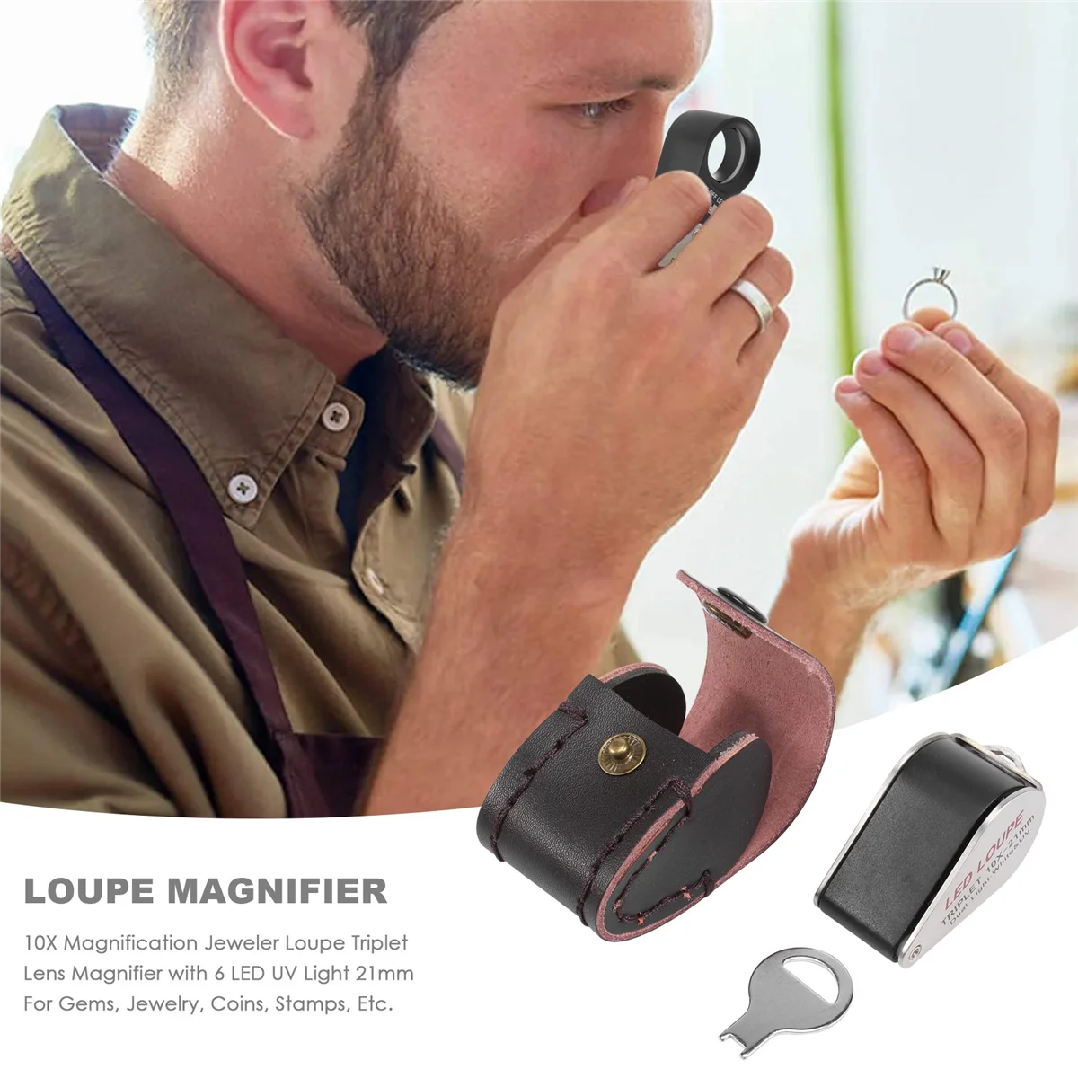보석상 루페 삼중 렌즈 확대경, 보석, 보석, 동전, 우표 등에 적합, 6 LED UV 라이트, 10X 확대, 21mm, 인기