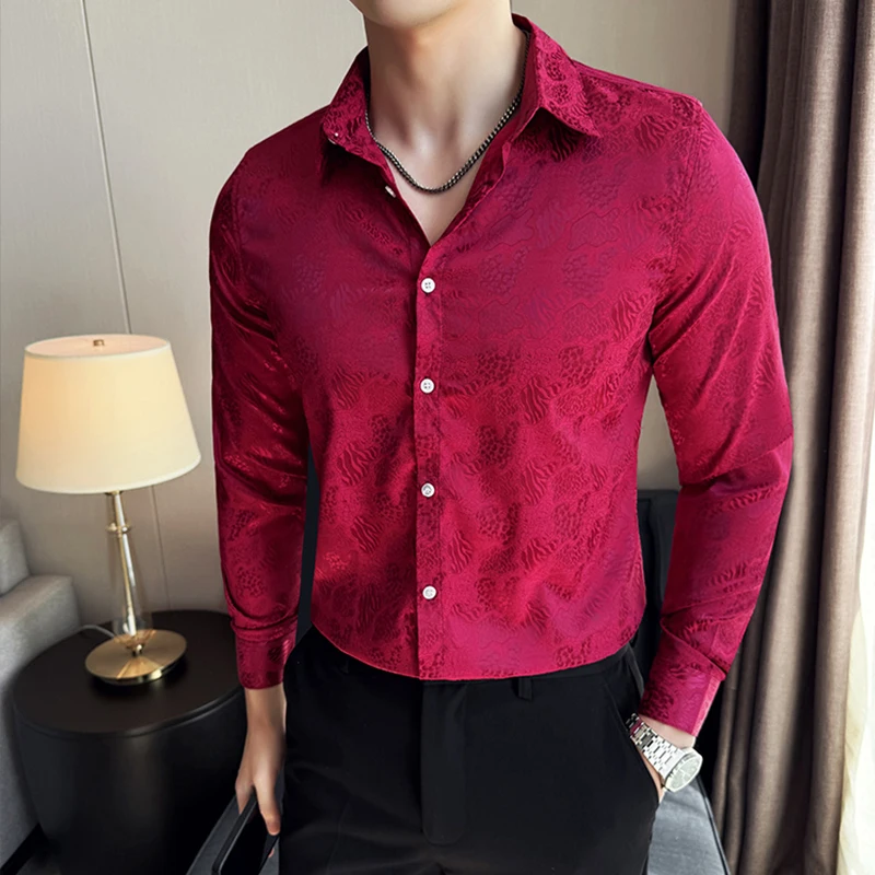 

Роскошные шелковые жаккардовые мужские рубашки с длинным рукавом и леопардовым принтом, облегающие мужские рубашки с цветочным принтом, деловые свадебные рубашки для вечеринок, смокинг
