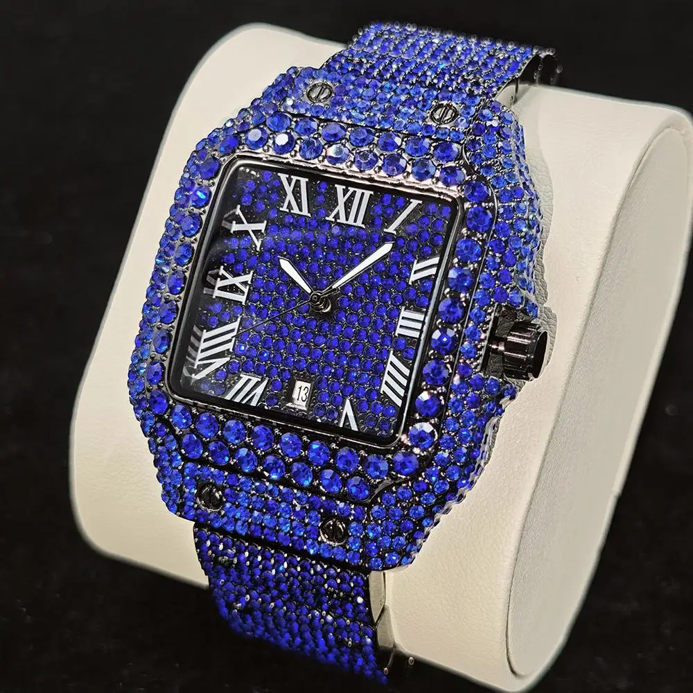 Orologio quadrato di nuova moda per uomo Orologio da polso al quarzo in acciaio inossidabile di lusso Hip Hop Green Diamond Bling Orologi Uomo Dropshipping