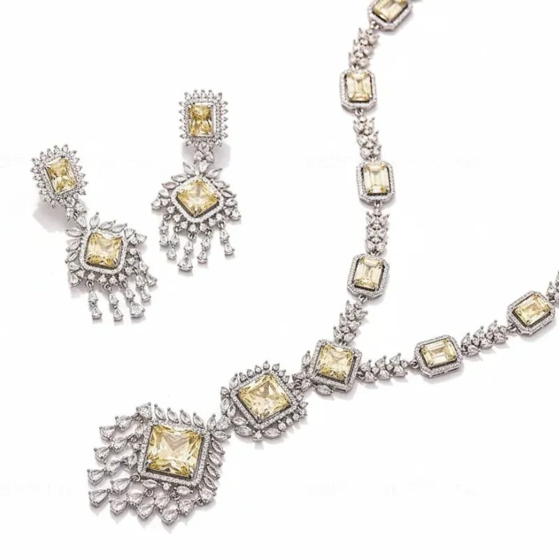 designer-fashion-style-earrings-necklace-women-lady-inlay-yellow-pink-square-cubic-zircon-tassels-pendant-party-jewelry-sets
