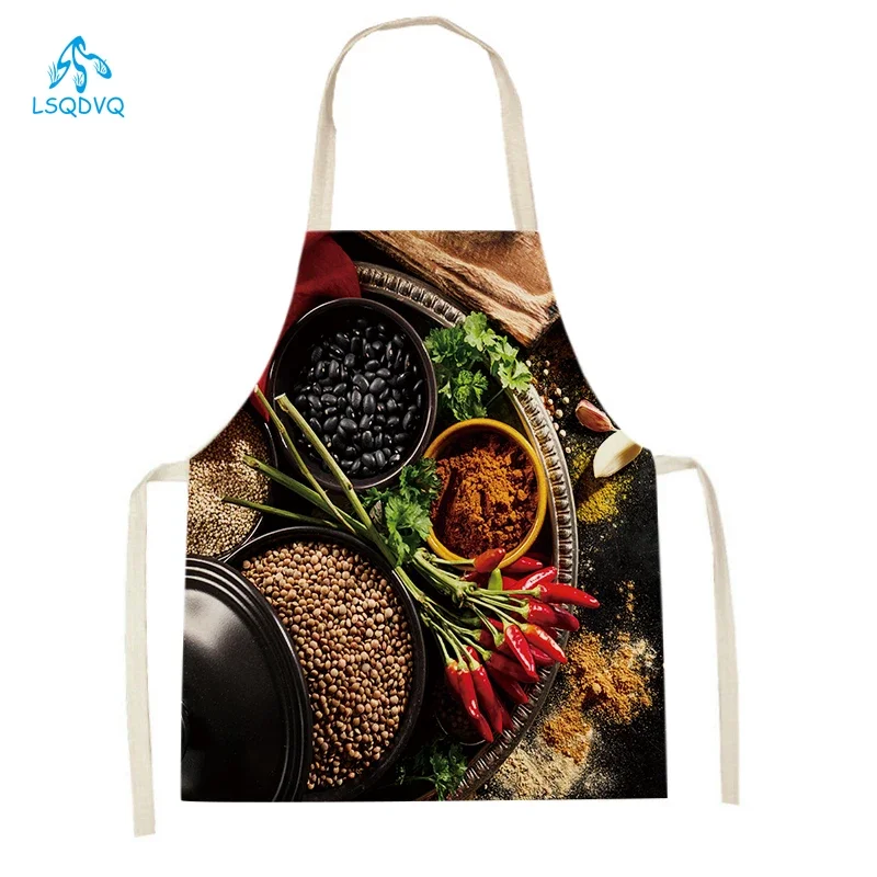 Women Men Fruit Vegetable Fruits Spice Printed Linen Kitchen Aprons Baking Waist Bib Home Cooking Sleeveless Cleaning Pinafore