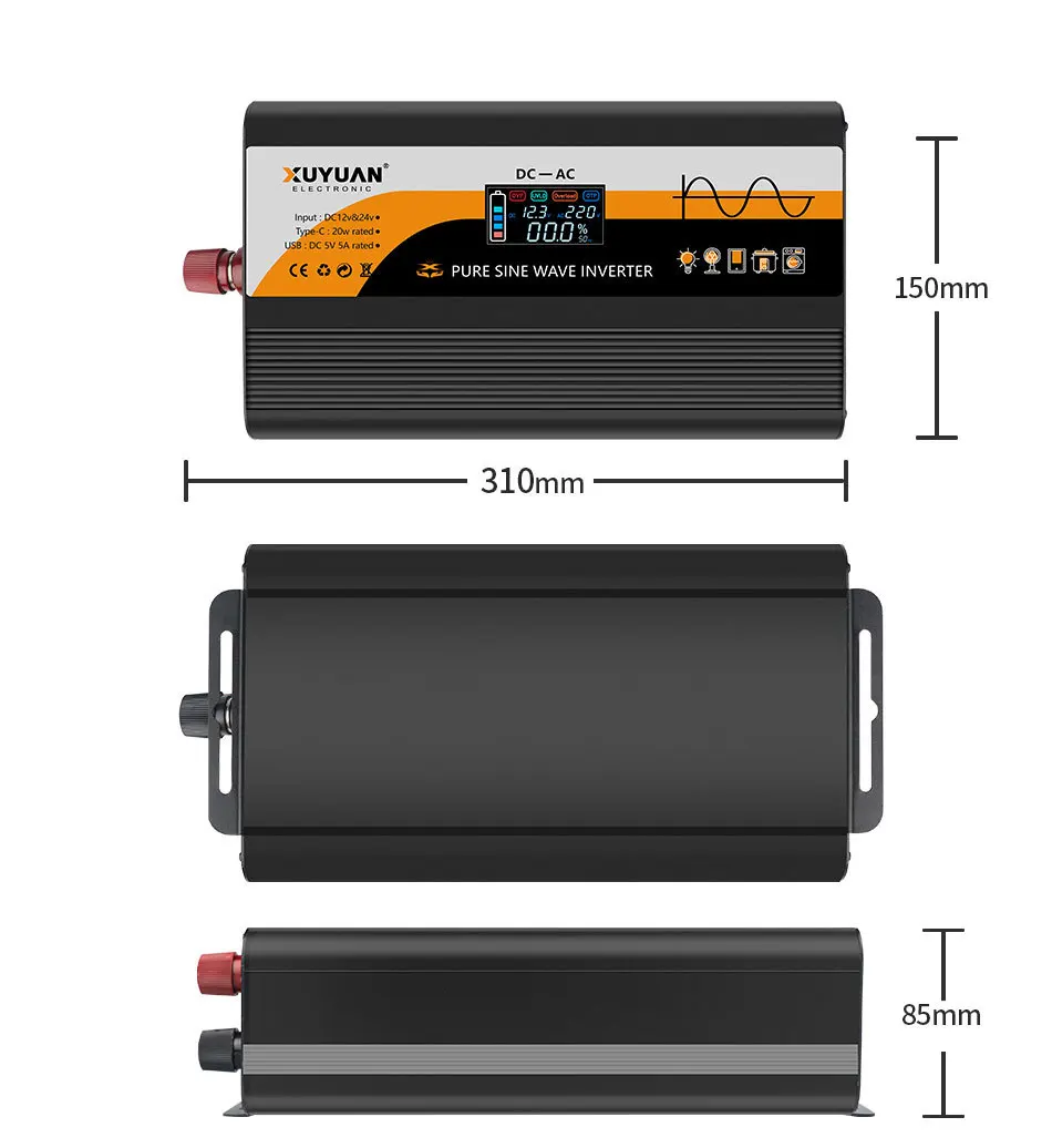 Pure Sine Wave Inverter 12v & 24v To 220v European Standard Car Power Converter 800W LCD Color Screen 95% Conversion Efficiency