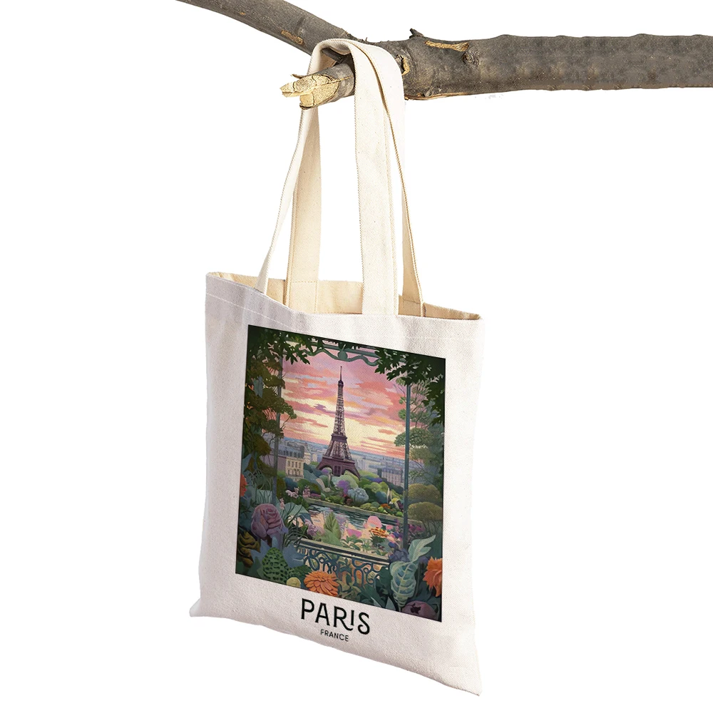 Vintage Landscape Shopper Bag Venice Paris Lisbon Stockholm Women Shopping Bags Double Print Linen Handbags Shoulder Lady Tote