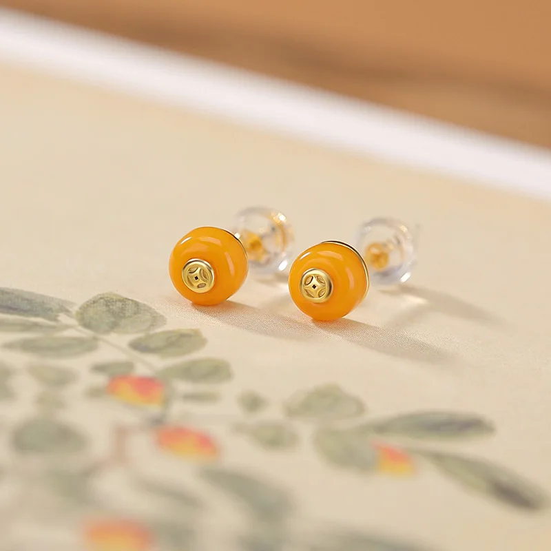 Amber S925 Sterling Silver Coin Round Small Earrings Fashion Style