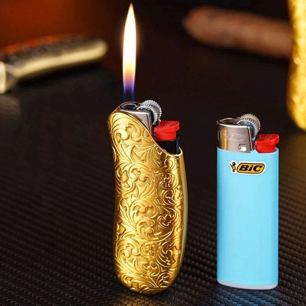 Banana Shaped Metal Case For BIC Lighter Mini J5 Golden Pattern Gas Lighters Decorative Shell