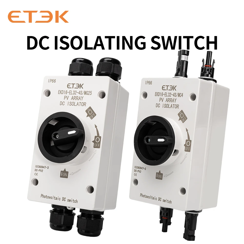 

ETEK PV Solar Isolation Switch 4P DC1200V 32A IP66 Waterproof Outdoor Switch For Photovaltaic System Rotating Handle EKD16