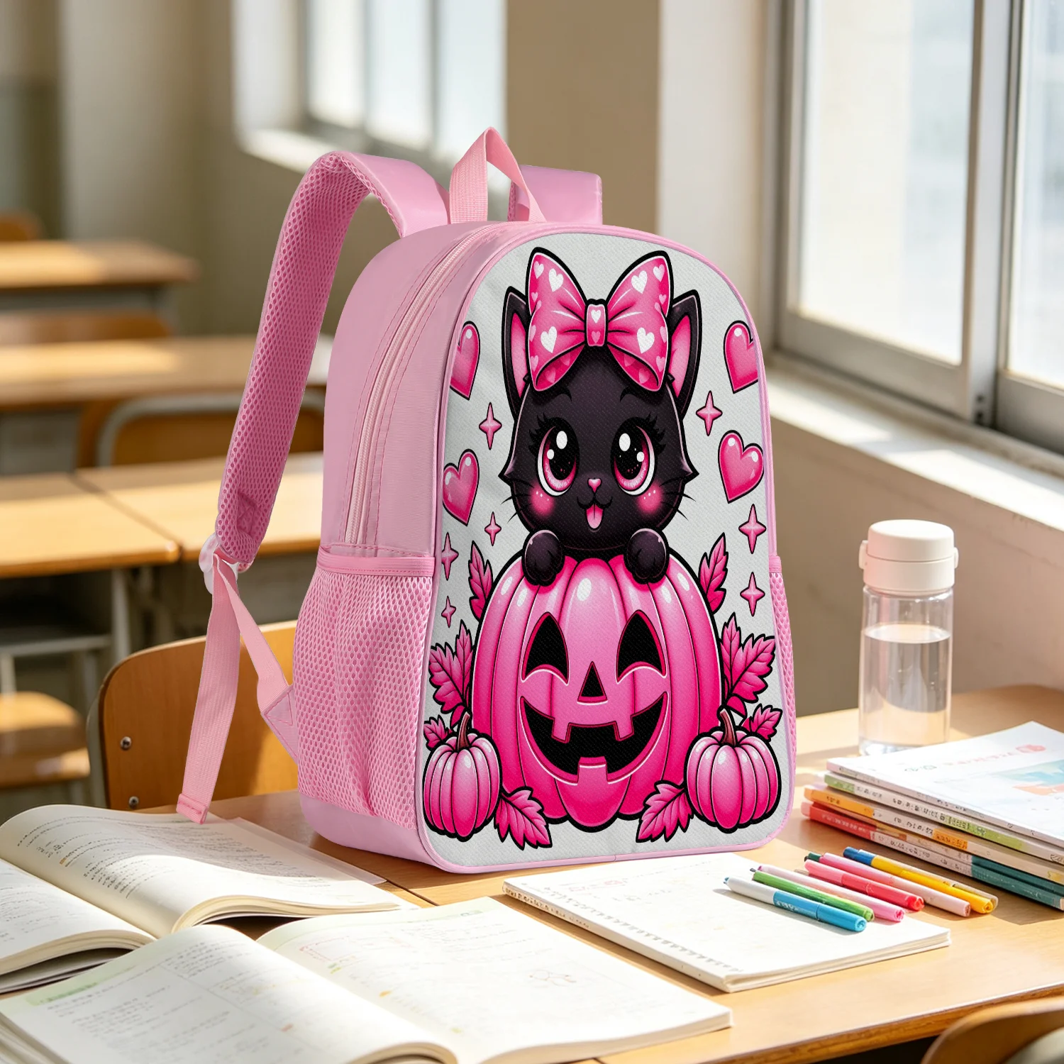 Cute Pink Black Cat Kitten Backpack Lightweight School Bookbag with Pumpkin Heart Bow Print Adjustable Straps