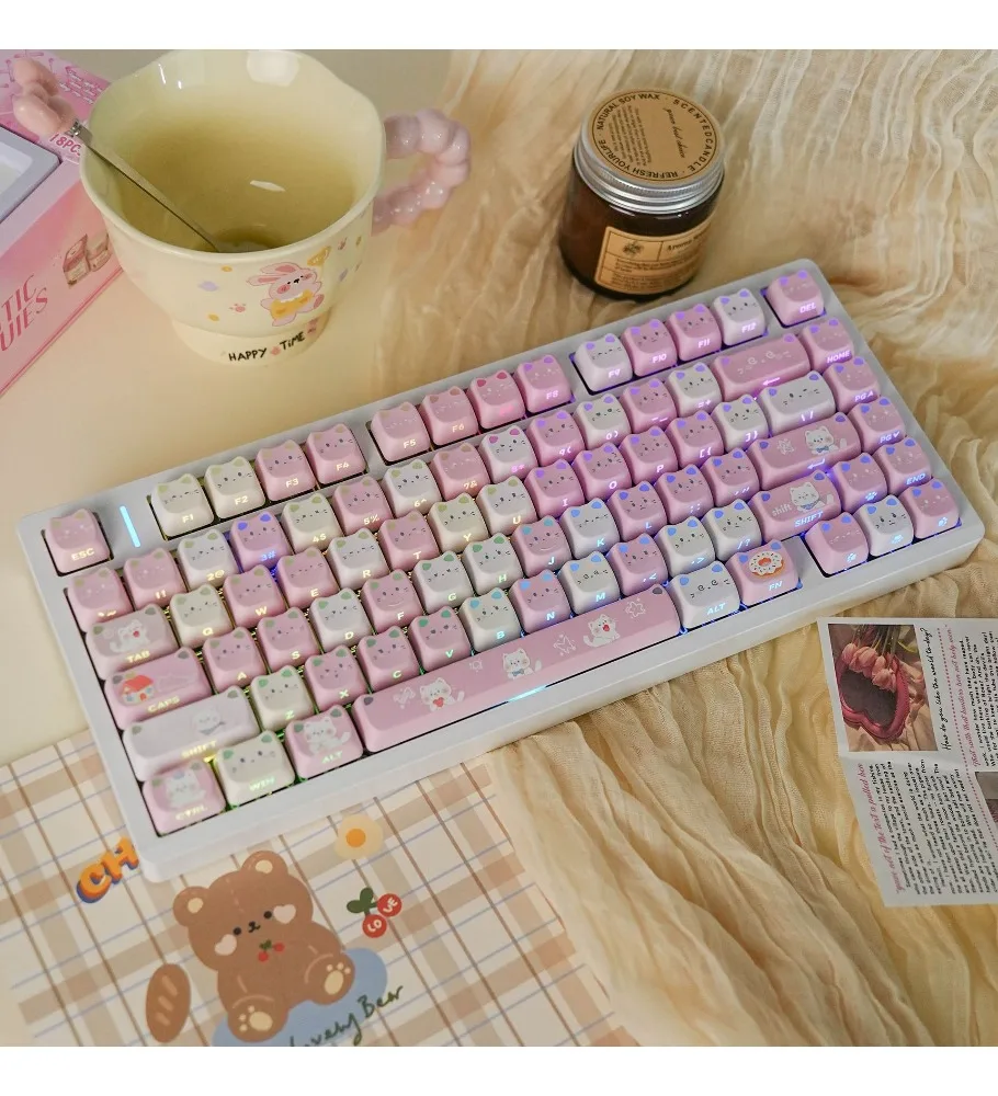 Super cute pink cat cat head keycap female high-value PBT hot sublimation side engraving light-transmitting mechanical keyboard