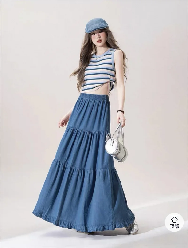 Women's Half Body Skirt Fashion Street Spring Summer Ruffled Denim Skirts High-waist Retro A-line Long Skirt
