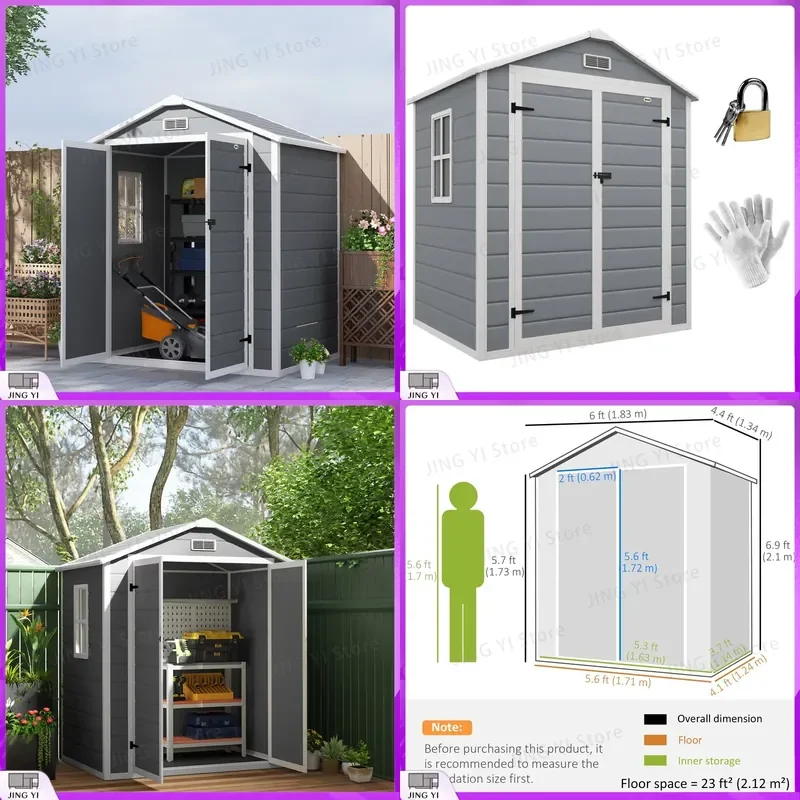 6x4.5FT Plastic Garden Shed Lockable Tool Storage House with Window Vent Grey Outdoor Storage Shed Portable Garden