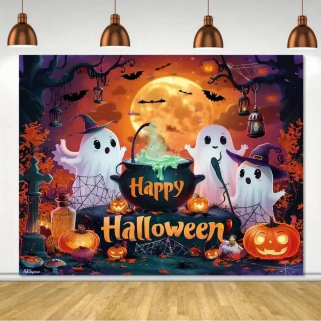 

1pc Cute Scary Halloween Party Backdrop Ghost Pumpkin Skull for Halloween Party Decoration Dustproof Banner Photo Background