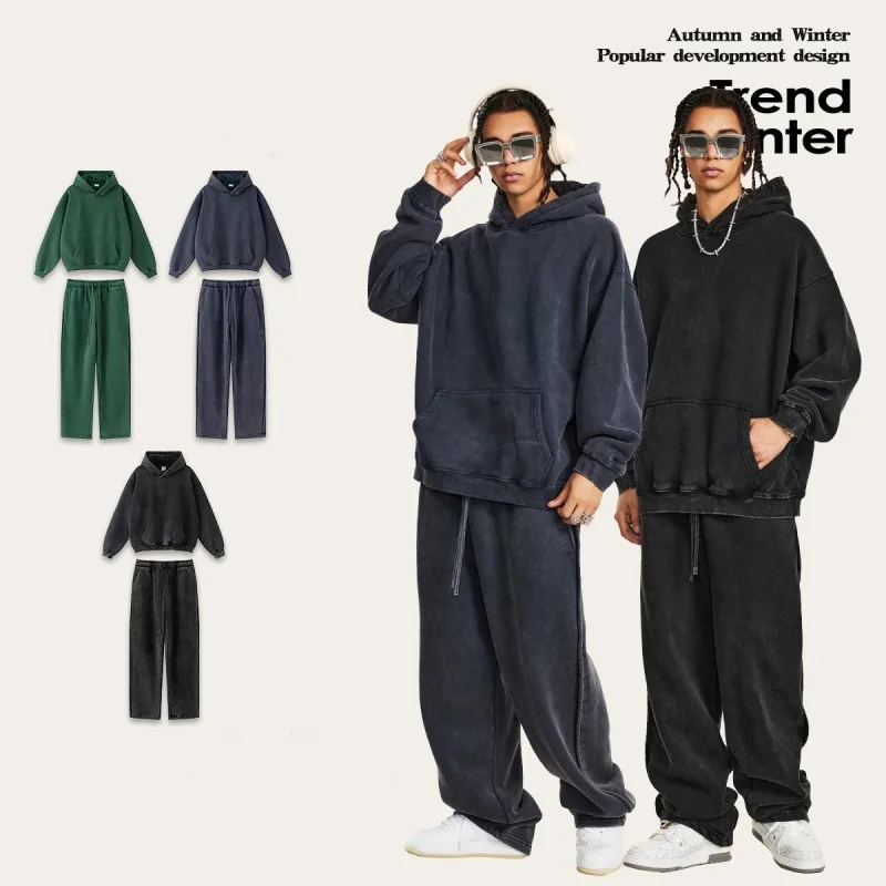 Luxury Design Men‘s Washed Hoodies Set Oversized Hooded Sweatshirt Wide Leg Pants Set Couple Outfit Vintage Streetwear Tracksuit - view 2