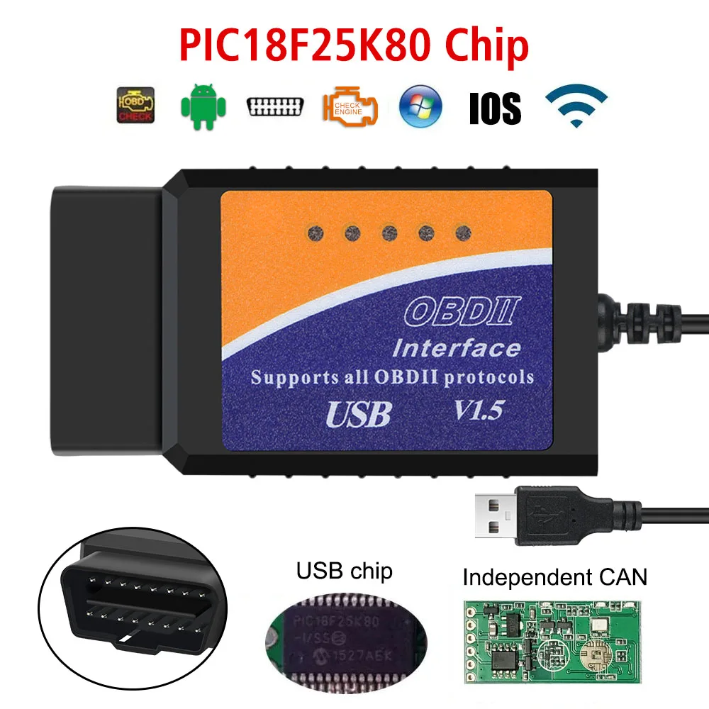 With PIC18F25K80 Chip ELM 327 USB V1.5 OBD2 Scanner Support Most OBDII Protocols Super ELM327 USB 1.5 Car Diagnostic Cable