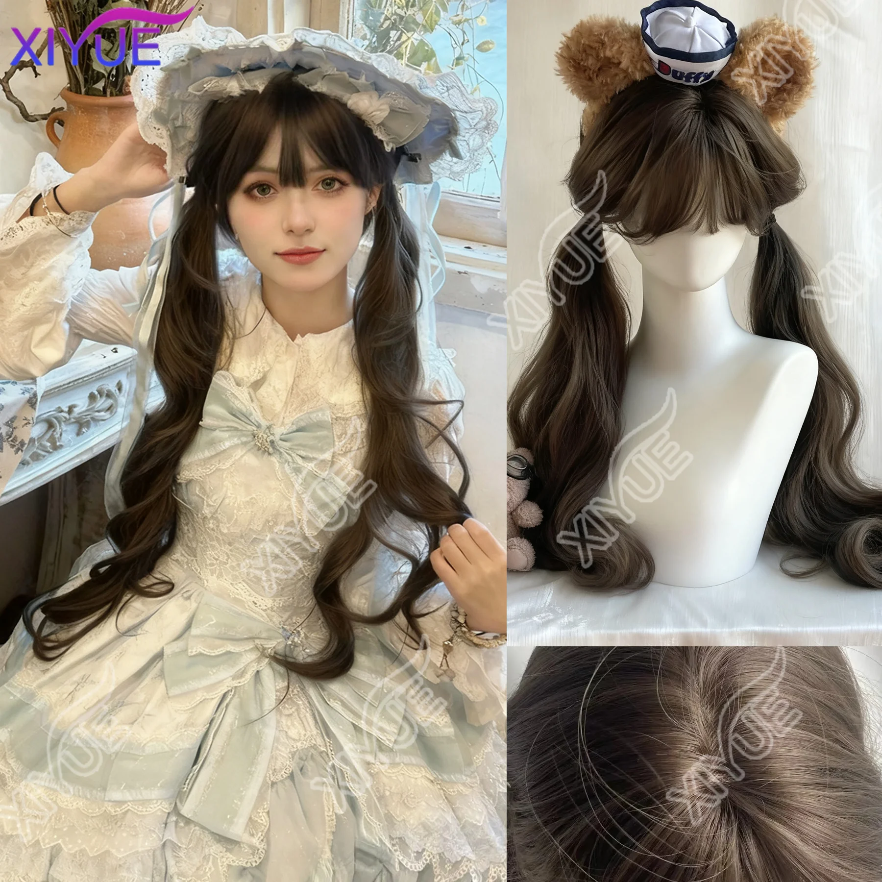 

XIYUE Длинные волосы, двойной хвост, женский парик с большими завитками, милый стиль для девочек, японский JK, полный головной убор, парик спереди, китайское производство