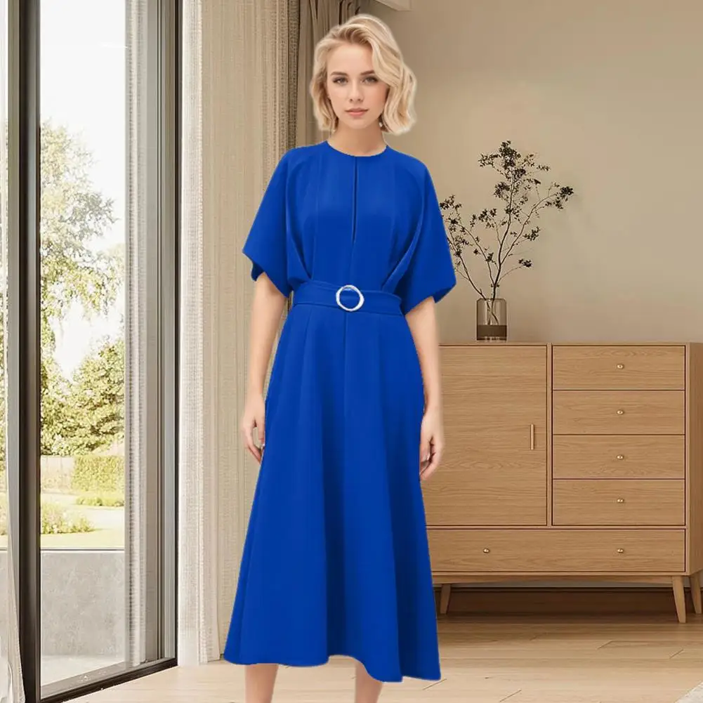 Short-sleeve Dress Elegant Women's A-line Midi Dress Chic Ol Commute Style Slim Waist Short Sleeves Solid Color for Shopping