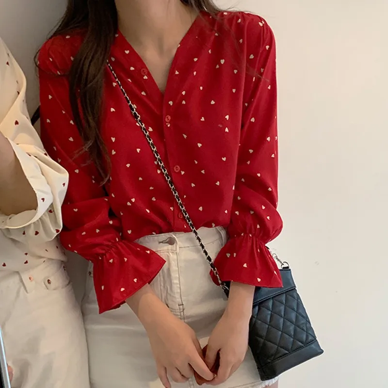 Elegant Women\'s V-neck Shirt Spring Autumn Fashion Korean Popular TopsSweet Fashion Long Sleeve Petal Sleeves Loose Style Blouse