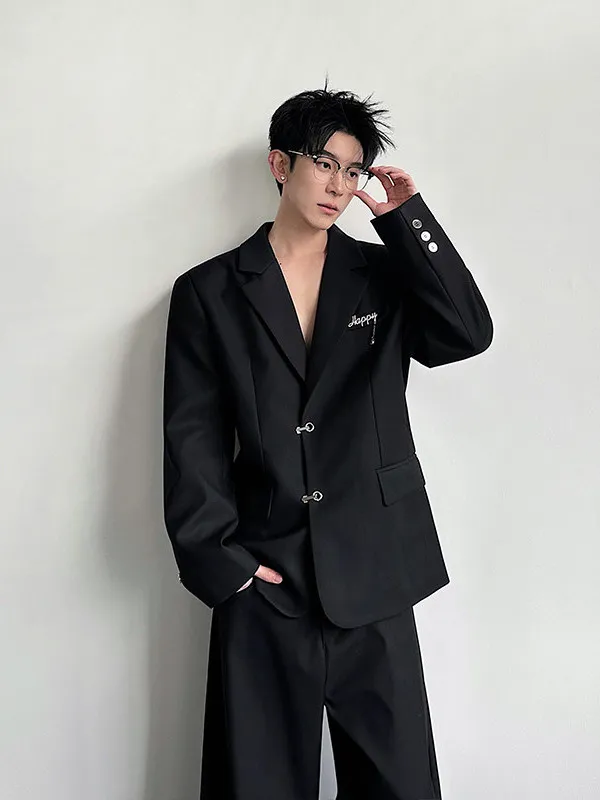 

Casual Bla oulder Pad Suit Jaet Men's Korean Sle Loose Fit Faionable Metal Button Casual Leisure Outerwear