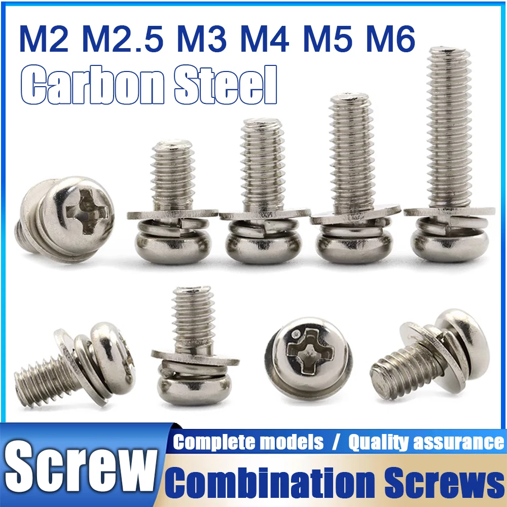 

Carbon Steel (Plate with Nickel) Cross Cavity Hexagon Head Screw+Spring Washer+Plain Gasket Three Combination Screws M3 M4 M5 M6